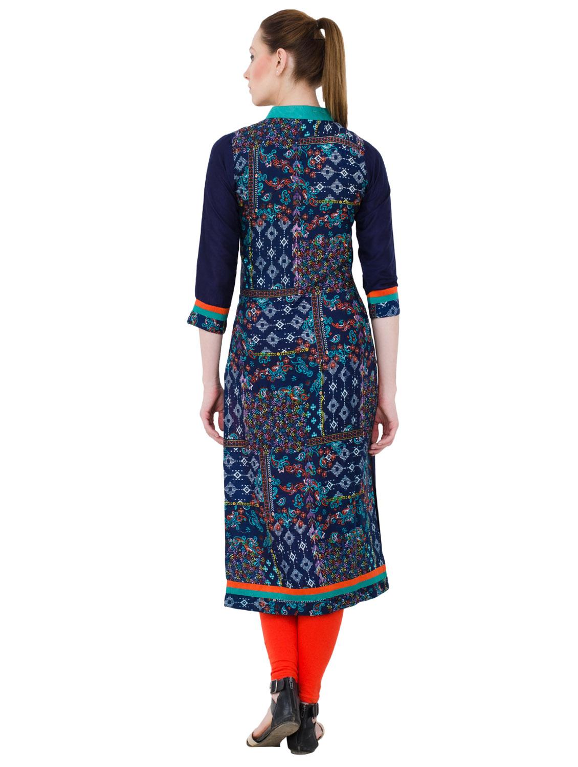 blue rayon straight kurta - 14929063 - Zoom Image - 3