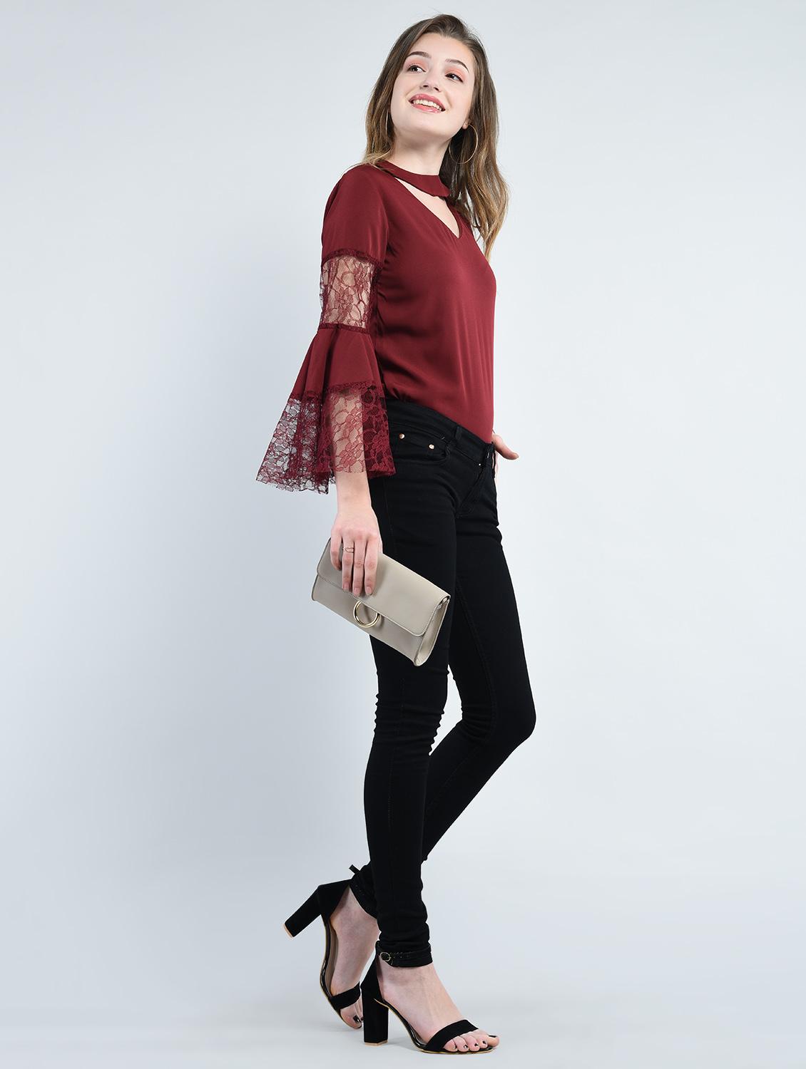 mesh panel bell sleeved top - 14929077 - Zoom Image - 4