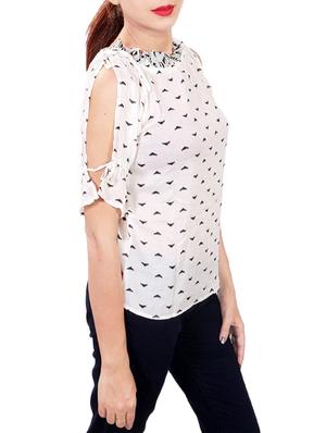 white printed cold shoulder top - 14931811 - Standard Image - 2
