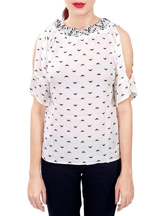 white printed cold shoulder top - 14931811 - Zoom Image - 1