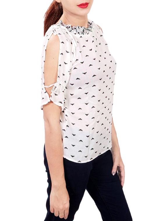 white printed cold shoulder top - 14931811 - Zoom Image - 2