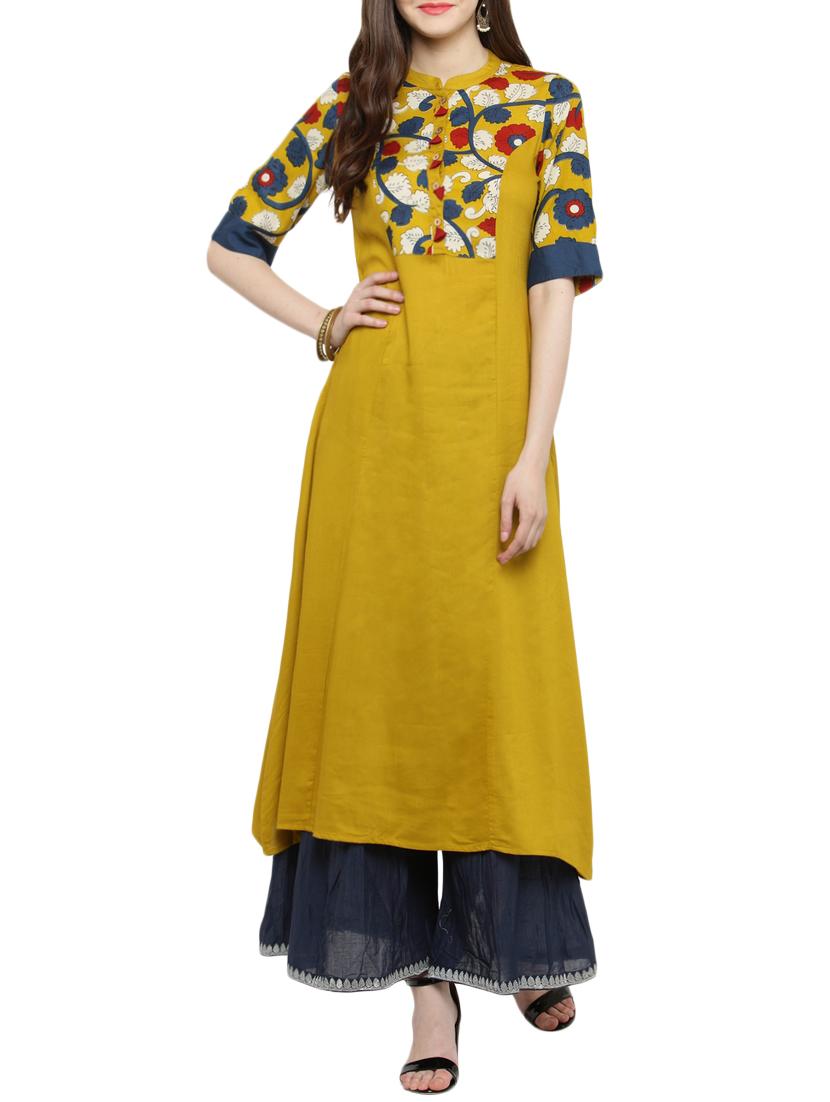yellow viscose aline kurta - 14935777 - Zoom Image - 1