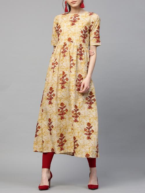 beige cotton a-line kurta - 14936305 - Very Small Image - 1