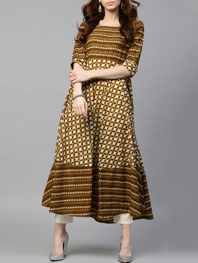brown cotton flared kurta - 14936323 - Zoom Image - 1