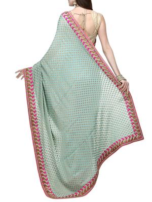 indian dobby turquoise half and half saree with blouse - 14937885 - Standard Image - 2