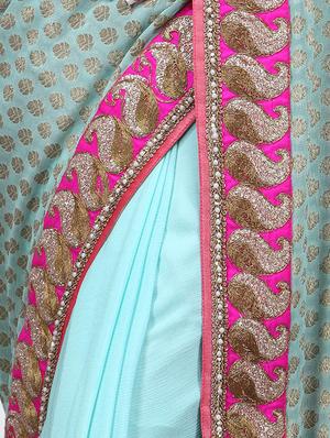 indian dobby turquoise half and half saree with blouse - 14937885 - Standard Image - 3
