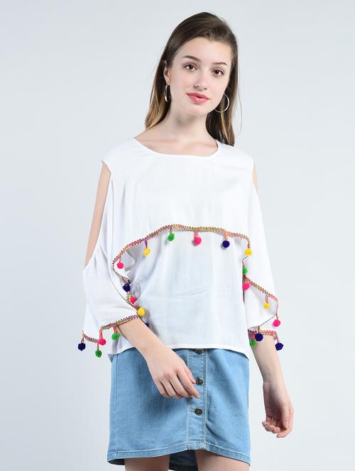 pom pom detail cold shoulder top - 14947075 - Standard Image - 1