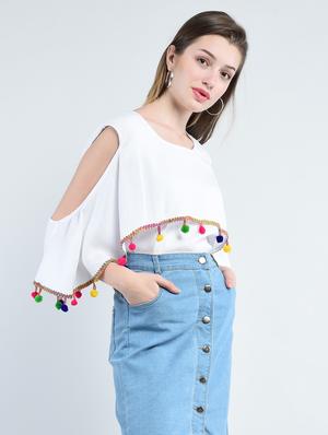 pom pom detail cold shoulder top - 14947075 - Standard Image - 2