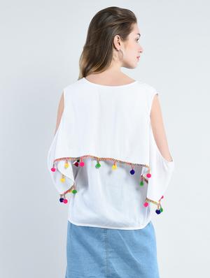 pom pom detail cold shoulder top - 14947075 - Standard Image - 3