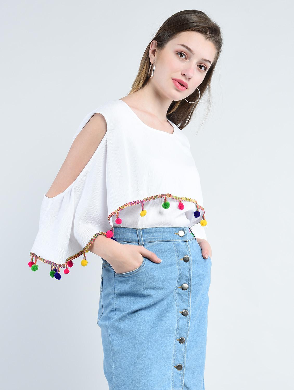 pom pom detail cold shoulder top - 14947075 - Zoom Image - 2