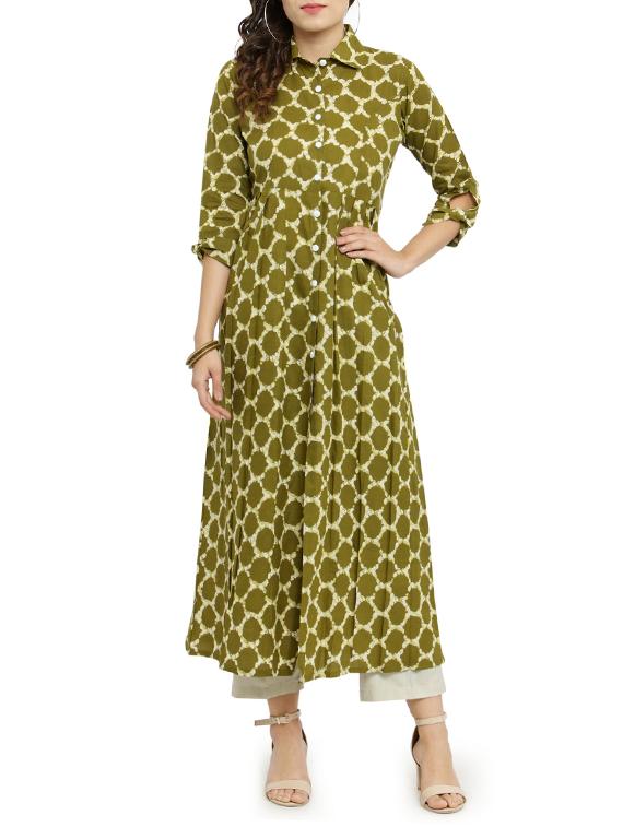 mehandi cotton flared kurta - 14947772 - Zoom Image - 1