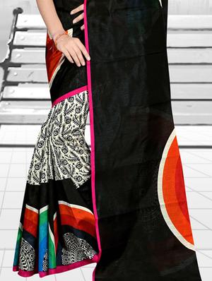 black silk printed saree with blouse - 14948044 - Standard Image - 2
