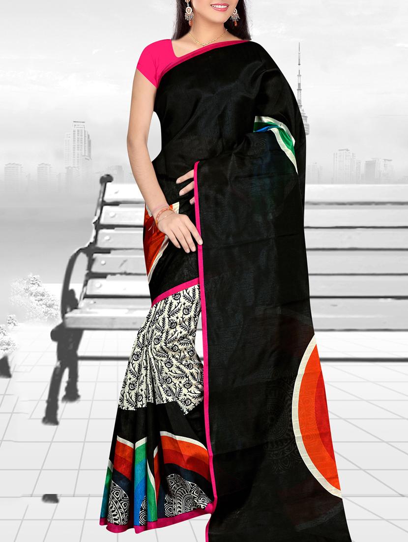 black silk printed saree with blouse - 14948044 - Zoom Image - 1