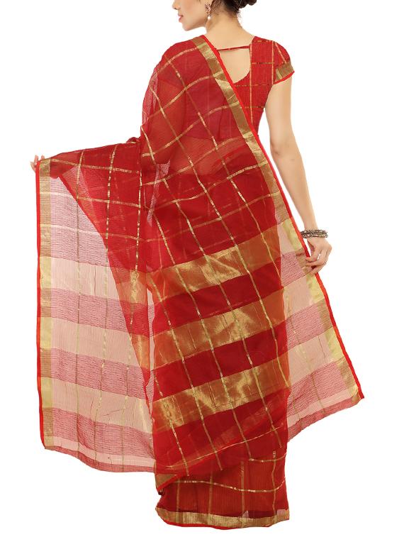 red cotton silk woven saree with blouse - 14948255 - Zoom Image - 2