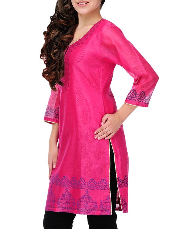 fuchsia designs pink cotton straight kurta - 14950540 - Zoom Image - 2