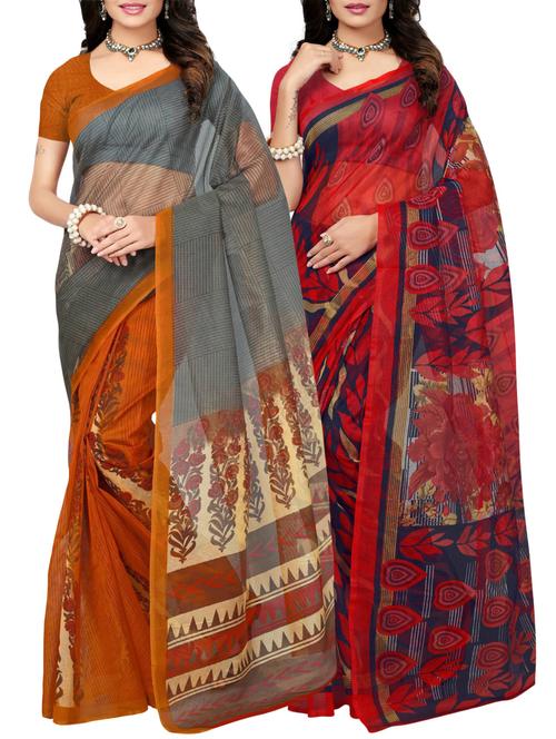 set of 2 multicolor net printed saree combo with blouse - 14952122 - Standard Image - 1