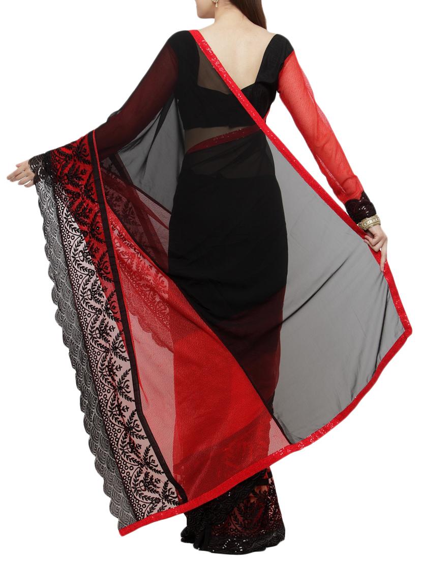 black georgette embroidered saree with blouse - 14952907 - Zoom Image - 2