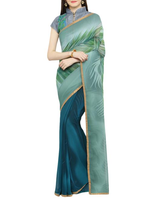 green georgette half & half saree with blouse - 14952929 - Standard Image - 1