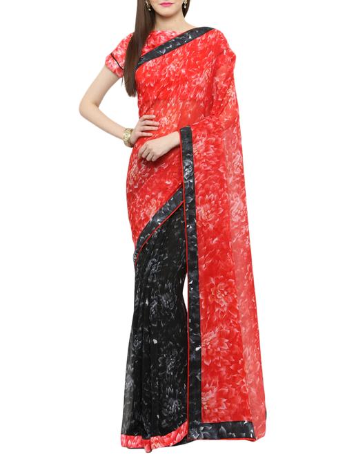 red georgette half & half saree with blouse - 14952999 - Standard Image - 1
