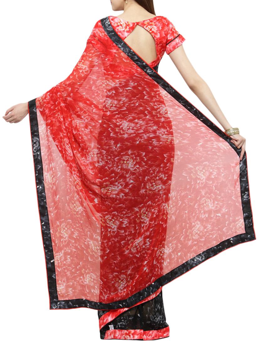 red georgette half & half saree with blouse - 14952999 - Zoom Image - 2