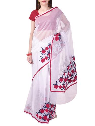white kota cotton embroidered saree with blouse - 14953465 - Very Small Image - 1