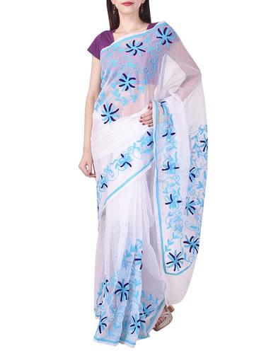 white kota cotton embroidered saree with blouse - 14953466 - Very Small Image - 1