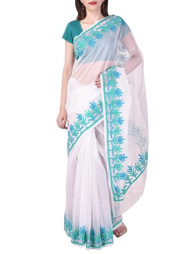 white kota cotton embroidered saree with blouse - 14953469 - Very Small Image - 1