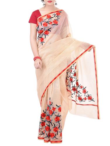 beige kota cotton embroidered saree with blouse - 14953481 - Very Small Image - 1