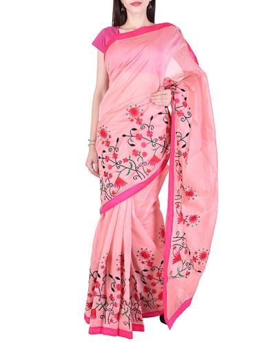 pink kota cotton embroidered saree with blouse - 14953483 - Very Small Image - 1