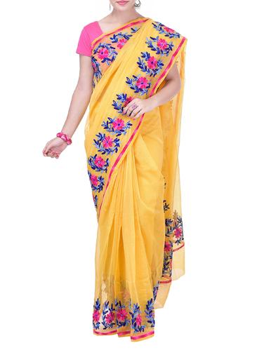 yellow kota cotton embroidered saree with blouse - 14953501 - Very Small Image - 1
