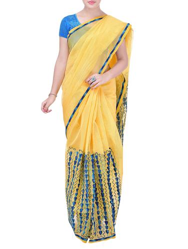 yellow kota cotton embroidered saree with blouse - 14953503 - Very Small Image - 1
