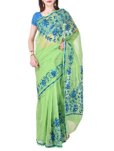 green kota cotton embroidered saree with blouse - 14953504 - Very Small Image - 1
