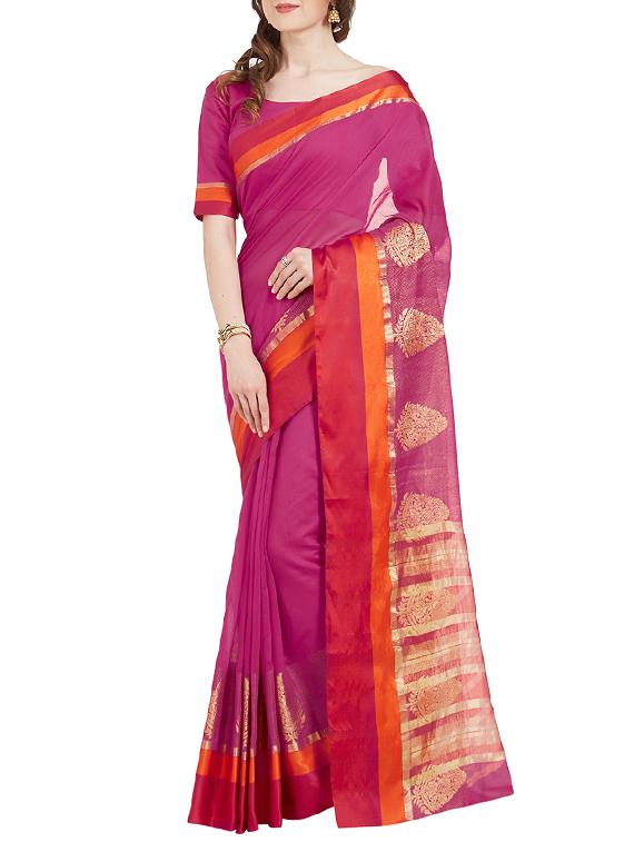 magenta cotton silk woven saree with blouse - 14954358 - Zoom Image - 1