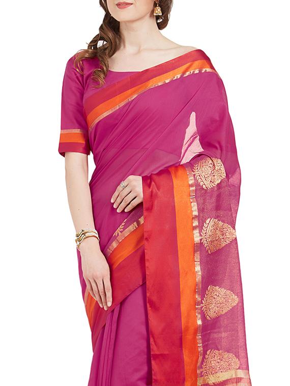 magenta cotton silk woven saree with blouse - 14954358 - Zoom Image - 3