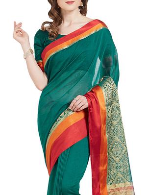 green cotton silk woven saree with blouse - 14954360 - Standard Image - 3