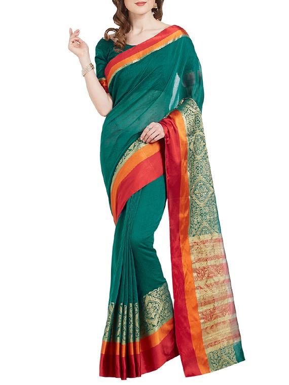 green cotton silk woven saree with blouse - 14954360 - Zoom Image - 1
