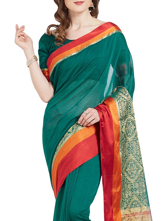 green cotton silk woven saree with blouse - 14954360 - Zoom Image - 3