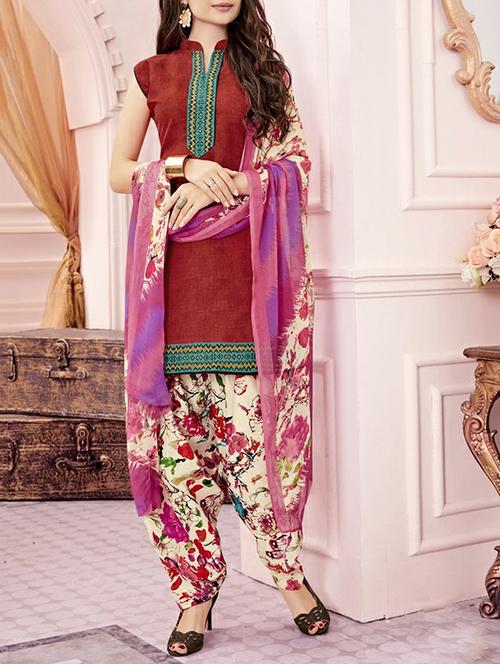 Maroon patiyala suits unstitched - 14957274 - Standard Image - 1