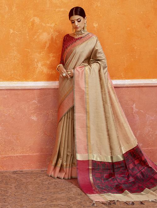 beige tussar silk saree with blouse - 14966719 - Standard Image - 1