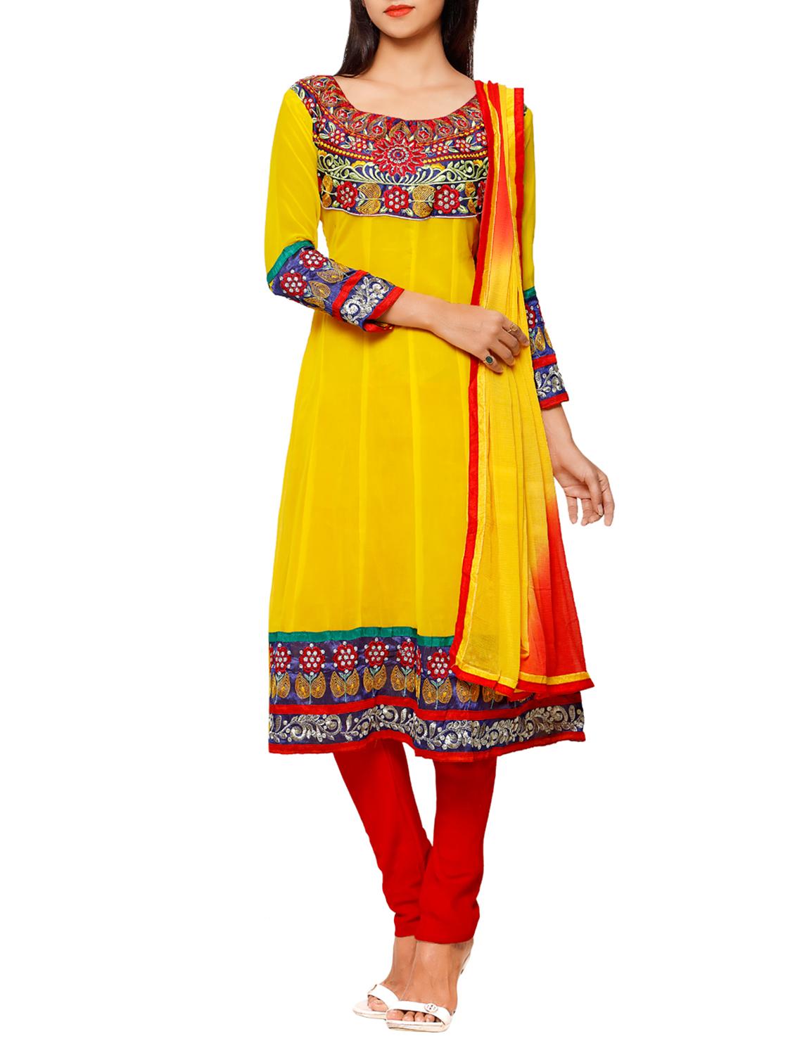 yellow chiffon anarkali suits unstitched suit - 14967718 - Zoom Image - 1
