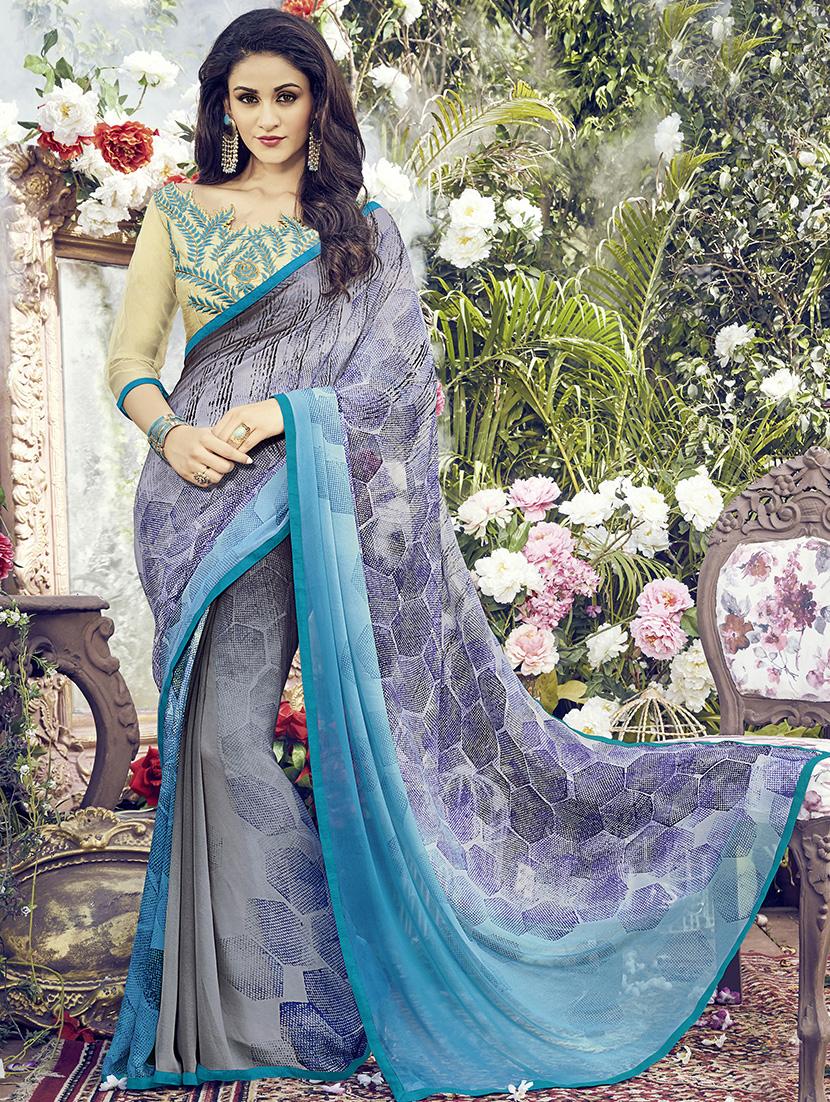 grey georgette printed saree with blouse - 14968266 - Zoom Image - 1