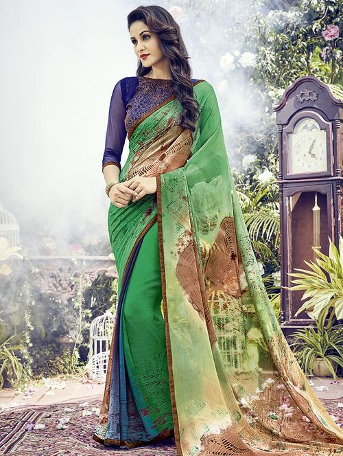 green georgette printed saree with blouse - 14968267 - Standard Image - 1