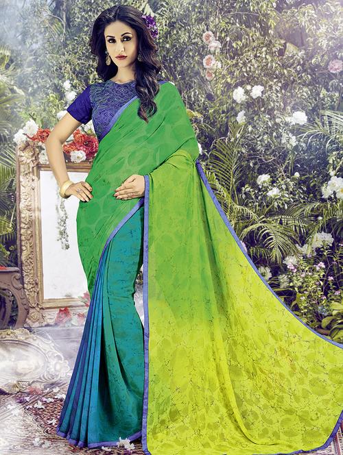 green georgette printed saree with blouse - 14968268 - Standard Image - 1