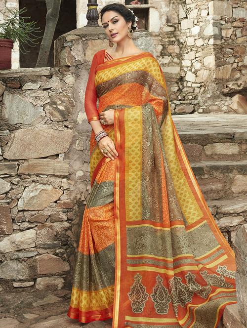 orange silk printed saree with blouse - 14968274 - Standard Image - 1