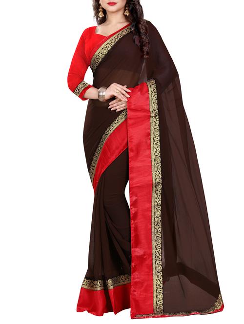 brown chiffon bordered saree with blouse - 14969613 - Very Small Image - 1