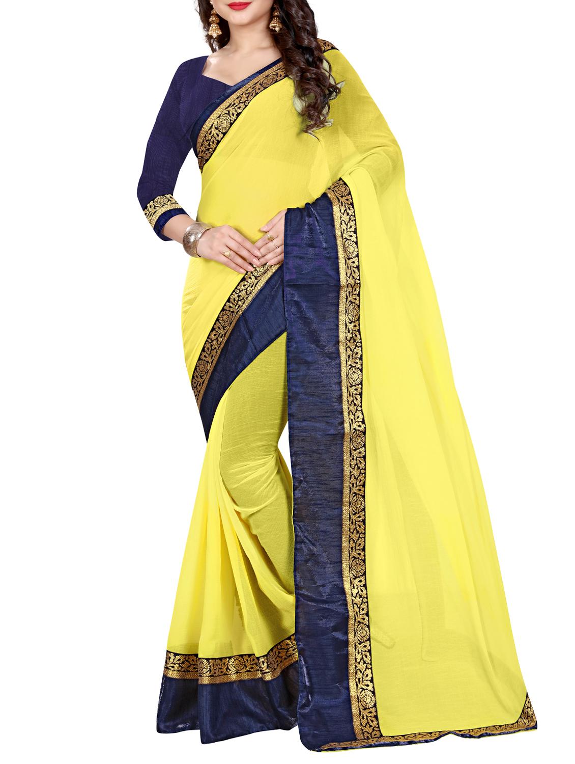 yellow chiffon bordered saree with blouse - 14969614 - Zoom Image - 1