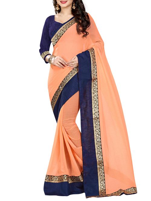 peach chiffon bordered saree with blouse - 14969616 - Standard Image - 1
