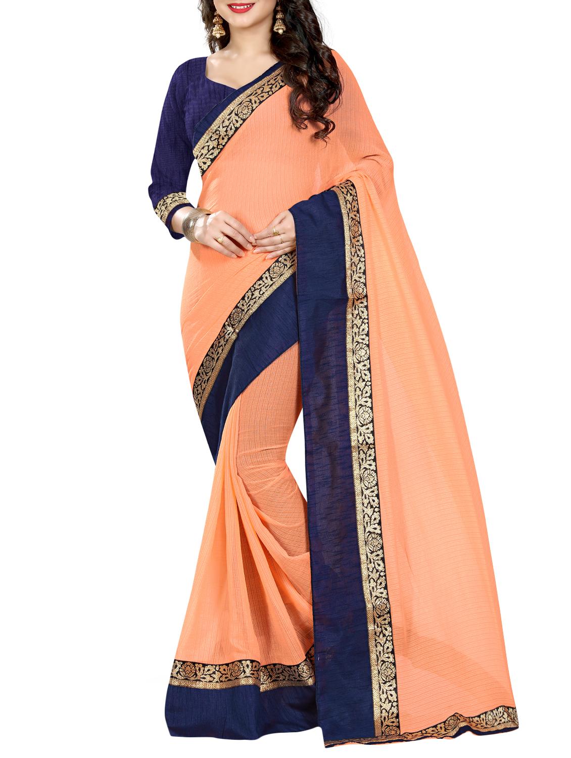 peach chiffon bordered saree with blouse - 14969616 - Zoom Image - 1