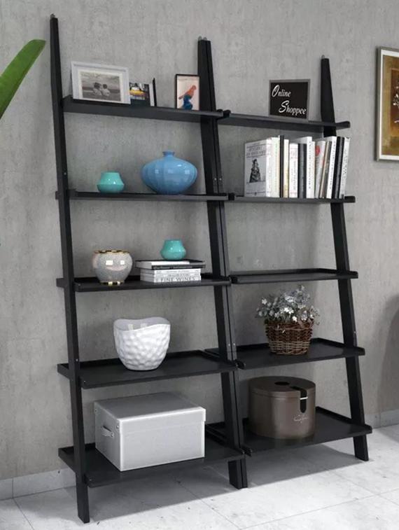 leaning bookcase ladder and room organizer engineered wood wall shelf -set of 2 - 14974313 - Zoom Image - 2