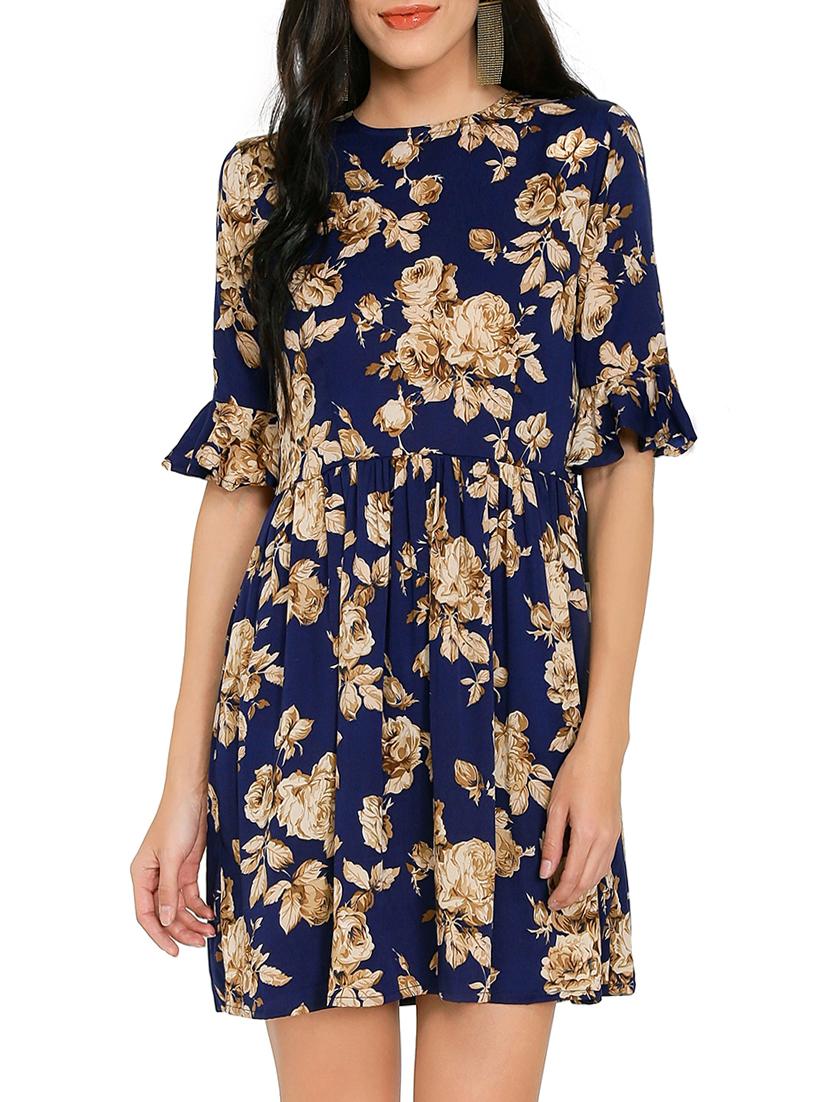 blue printed fit & flare dress - 14979292 - Zoom Image - 1